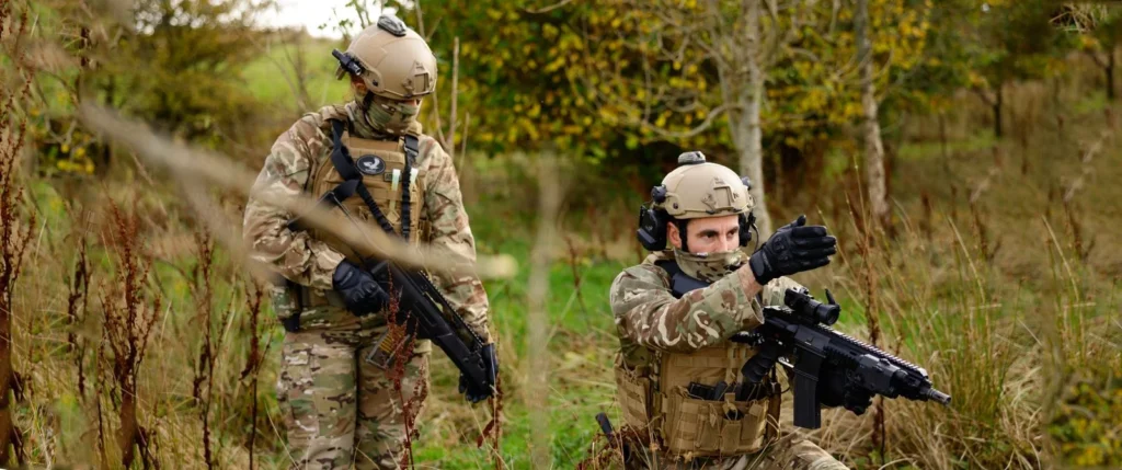 Two soldiers wearing modern tactical gear